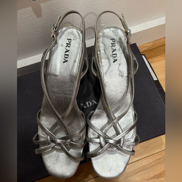 Prada silk wedge Perla sandal in deep silver color size 40.5 (fits 9.5 - 11) - Picture 2 of 7